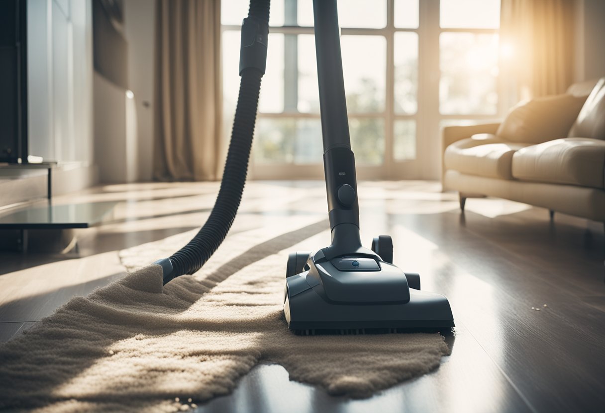 A vacuum cleaner and mop tackle dust and debris in a freshly renovated room. Windows are open, letting in sunlight