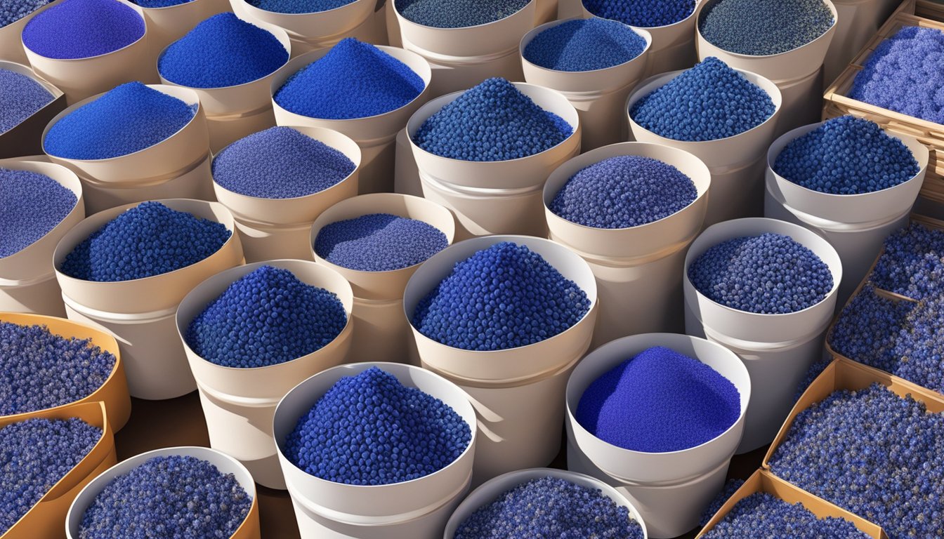 A colorful display of dried blue pea flowers at a market stall in Singapore. Bright blue petals are neatly arranged in containers for purchase