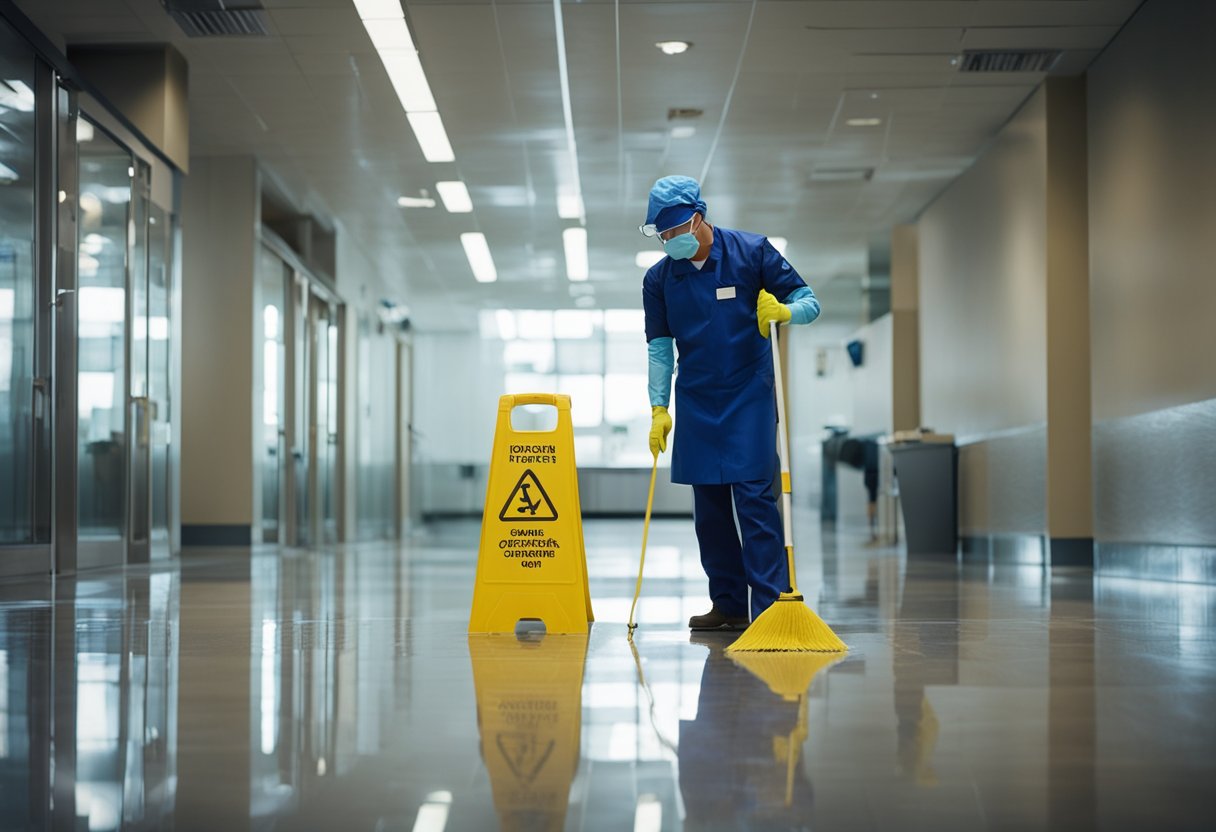 A cleaner wearing a mask and gloves wipes down surfaces with disinfectant, while a "wet floor" sign is placed in the freshly mopped area