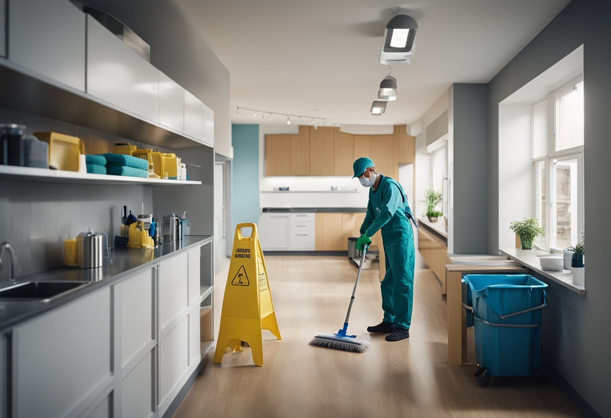 A cleaning crew meticulously tidies up a newly renovated space, ensuring every nook and cranny is spotless. Various cleaning supplies and equipment are neatly organized nearby