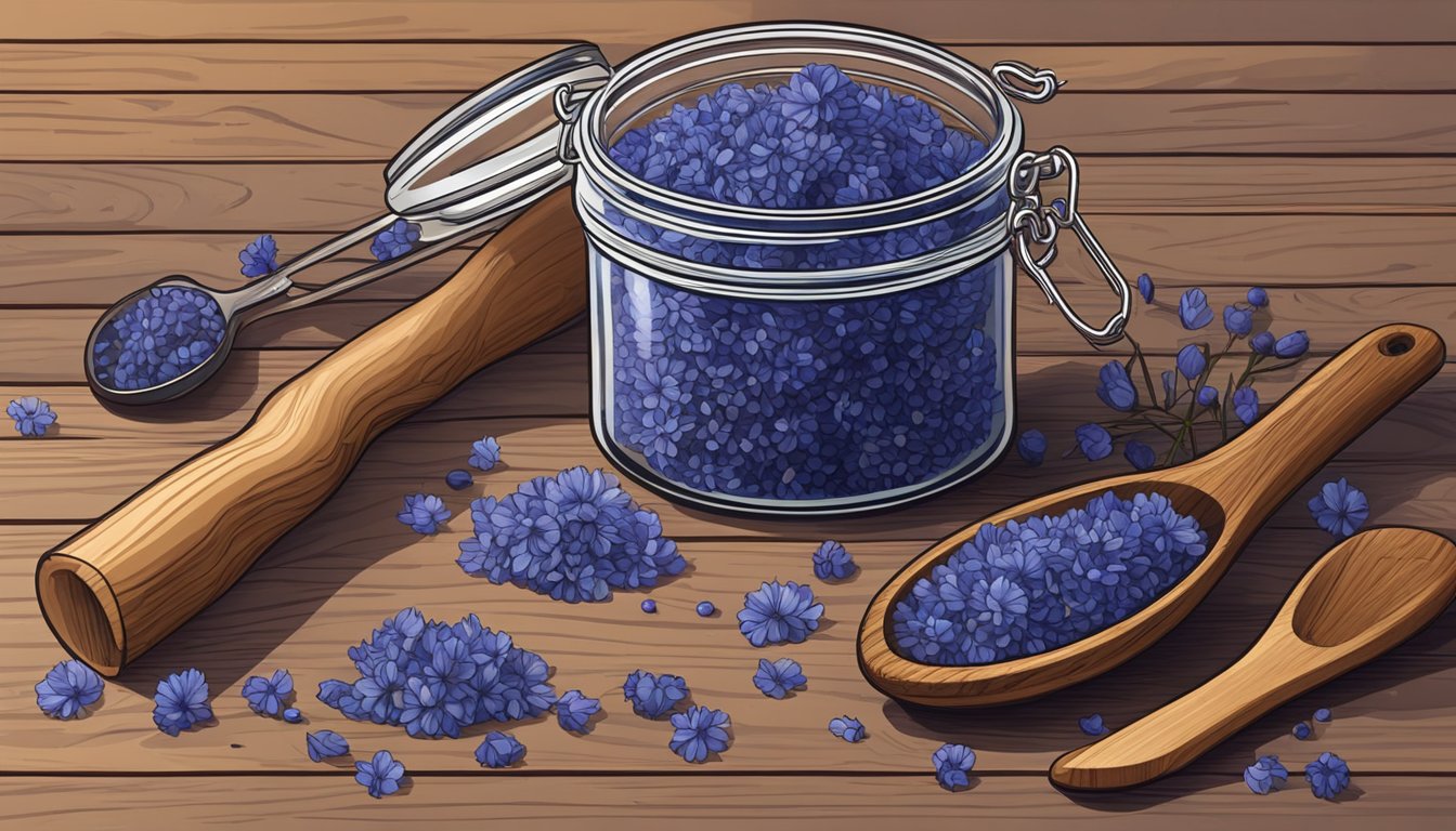 A glass jar filled with dried blue pea flowers sits on a wooden table, surrounded by various kitchen utensils. The vibrant blue petals stand out against the natural wood background