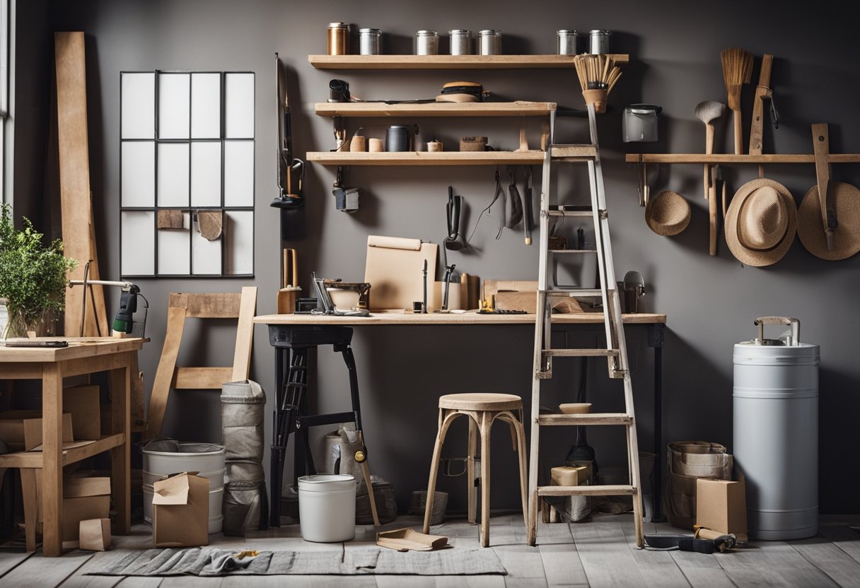 A room with tools and materials for renovation, including paint, tiles, and fixtures. A ladder and workbench are set up for installation and upgrades