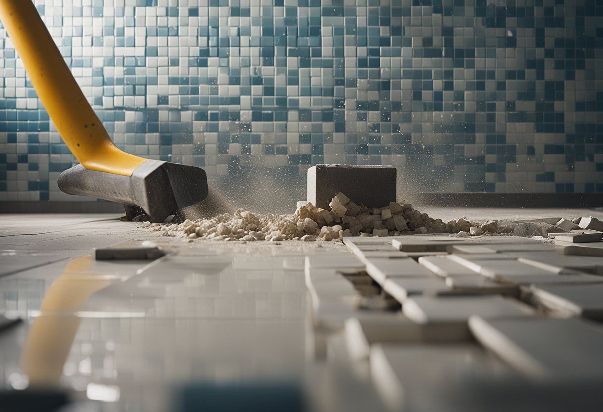 A sledgehammer smashes into a tiled wall, debris flying as workers clear out old fixtures and plumbing for a toilet renovation