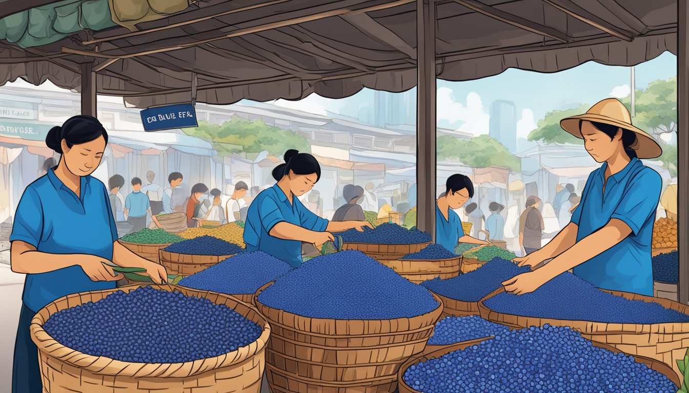A bustling market stall with vibrant blue pea flowers neatly displayed in baskets, with a sign reading "Dried Blue Pea Flowers for Sale" in Singapore