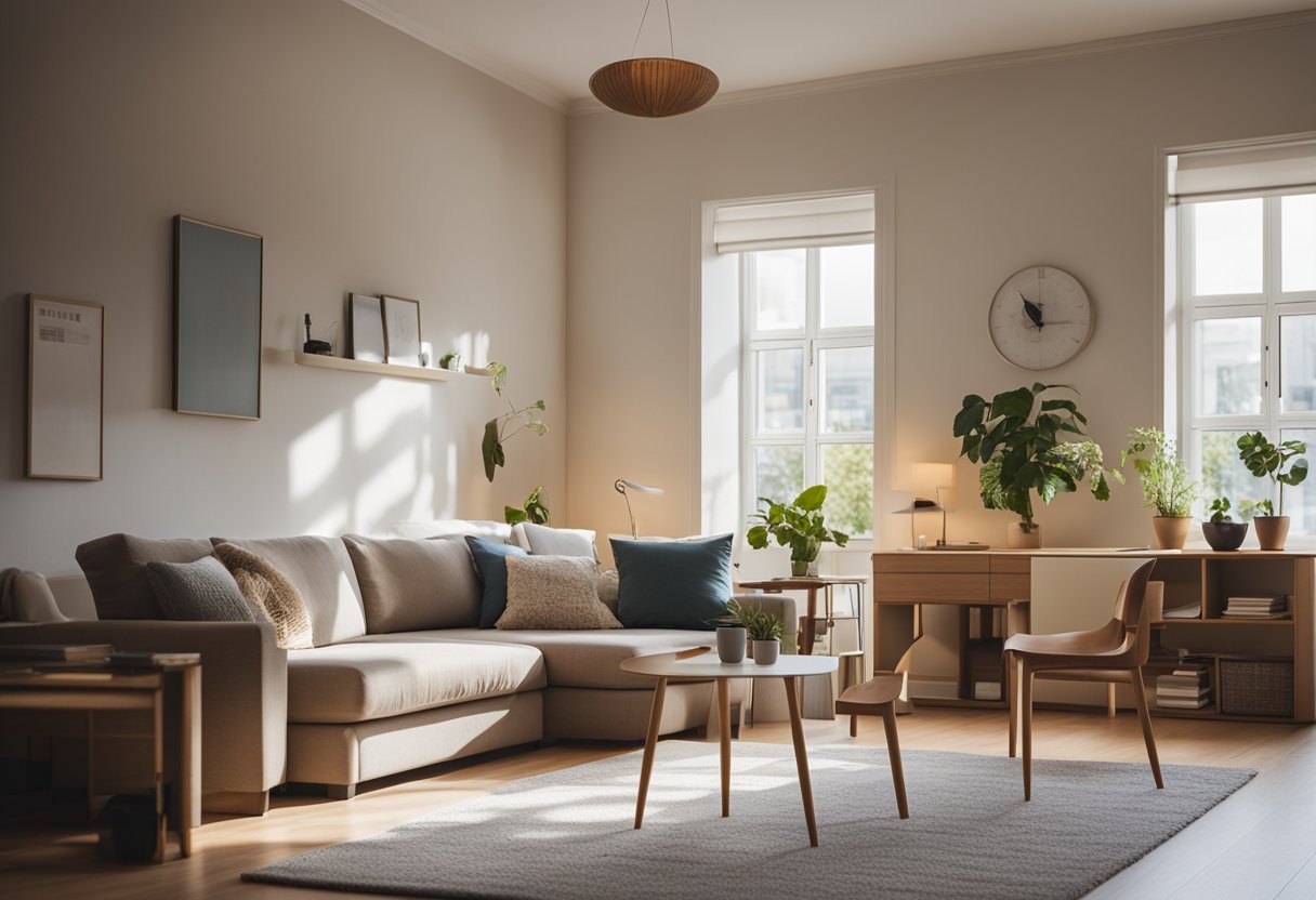 A tidy room with freshly vacuumed carpets, dusted surfaces, and neatly arranged furniture. The sunlight streams in through the clean windows, casting a warm glow over the space