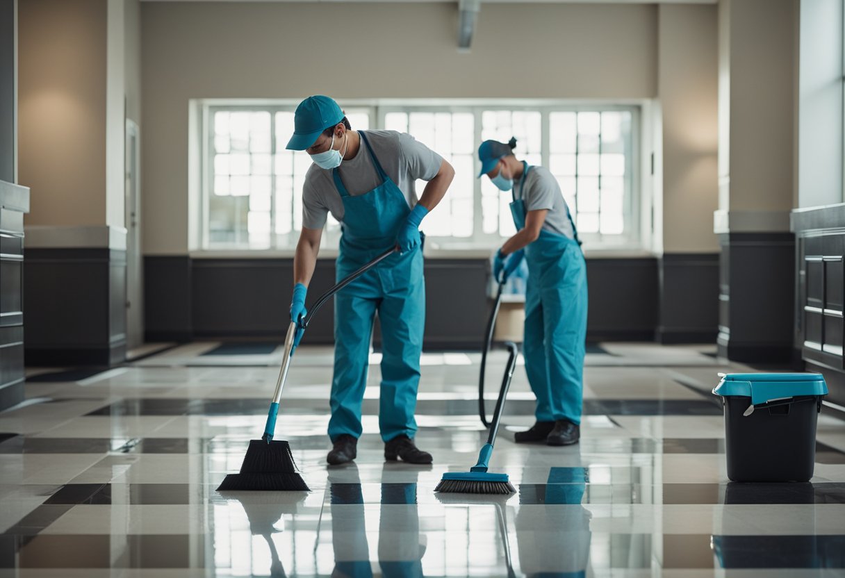 A cleaning crew tackles post-renovation mess, scrubbing, sweeping, and dusting. Trash bags and cleaning supplies litter the floor