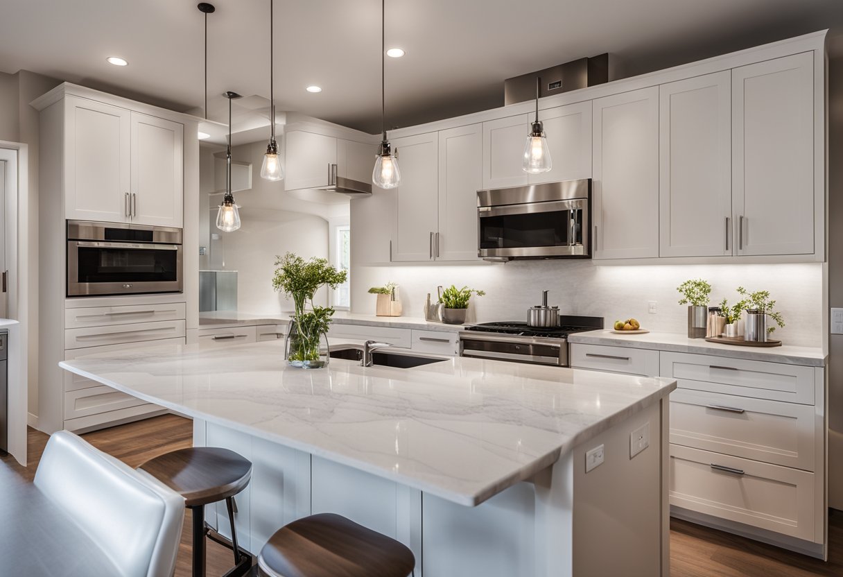A modern kitchen with sleek stainless steel appliances, glossy marble countertops, and clean white cabinetry. The floor is a warm, natural wood finish, and the lighting is bright and inviting