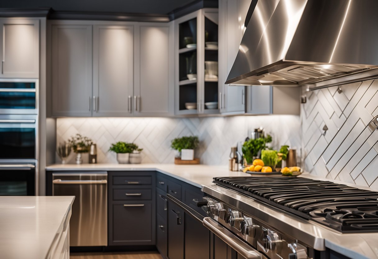 A modern kitchen with sleek cabinetry, granite countertops, and stainless steel appliances. Bright lighting and a spacious layout create an inviting atmosphere