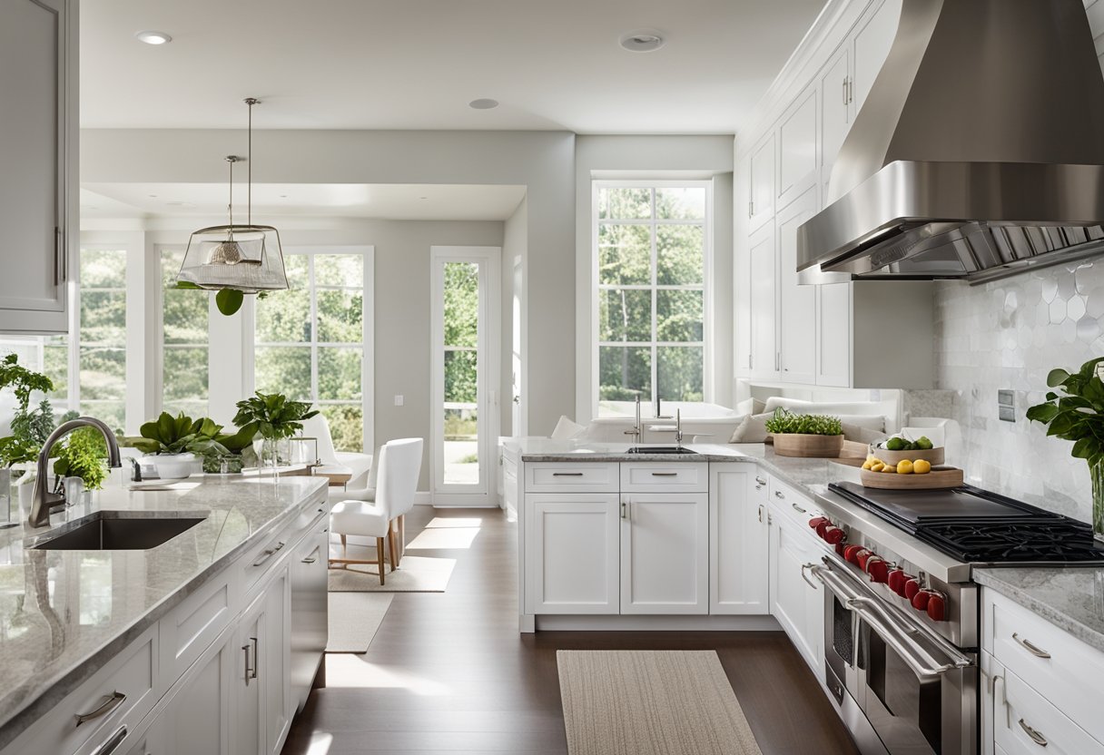 A modern kitchen with sleek white cabinets, granite countertops, and stainless steel appliances. The space is well-lit with natural light streaming in through large windows, creating a bright and inviting atmosphere