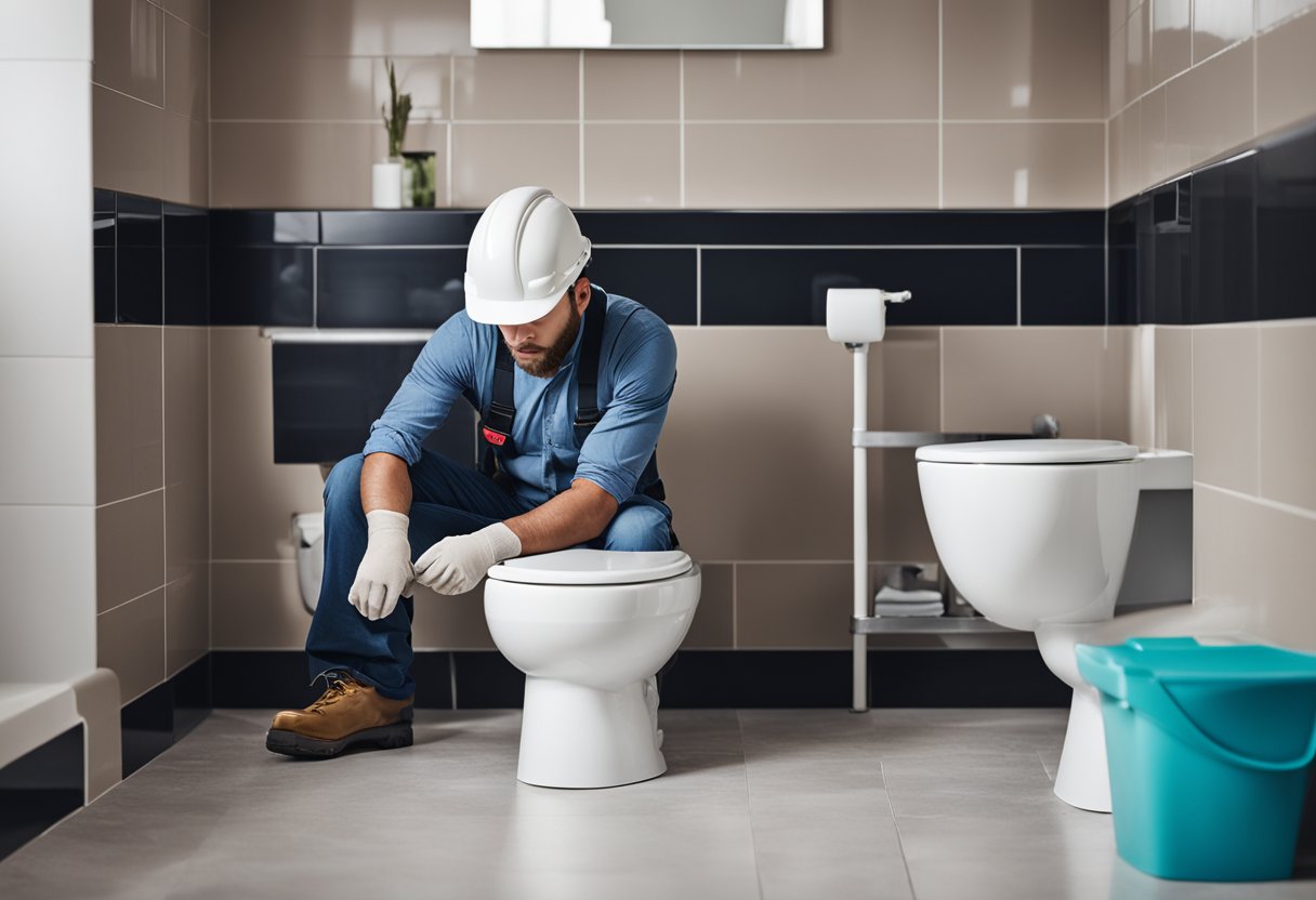A construction worker installs a new toilet in a renovated bathroom