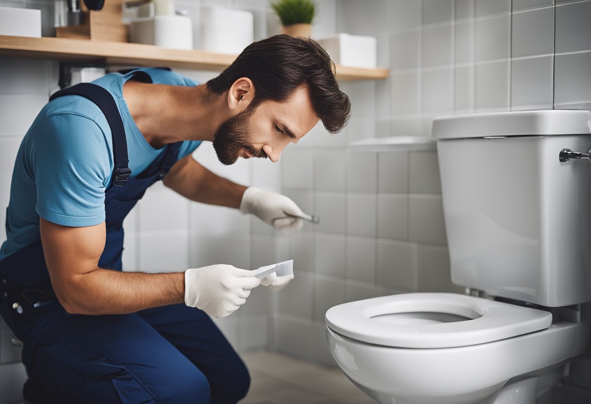 A plumber installs a new toilet, adding the finishing touches to a renovated bathroom