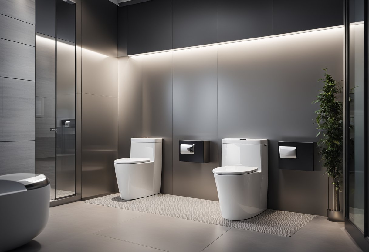 A sleek, modern toilet with advanced features and technology, surrounded by clean, minimalist design elements