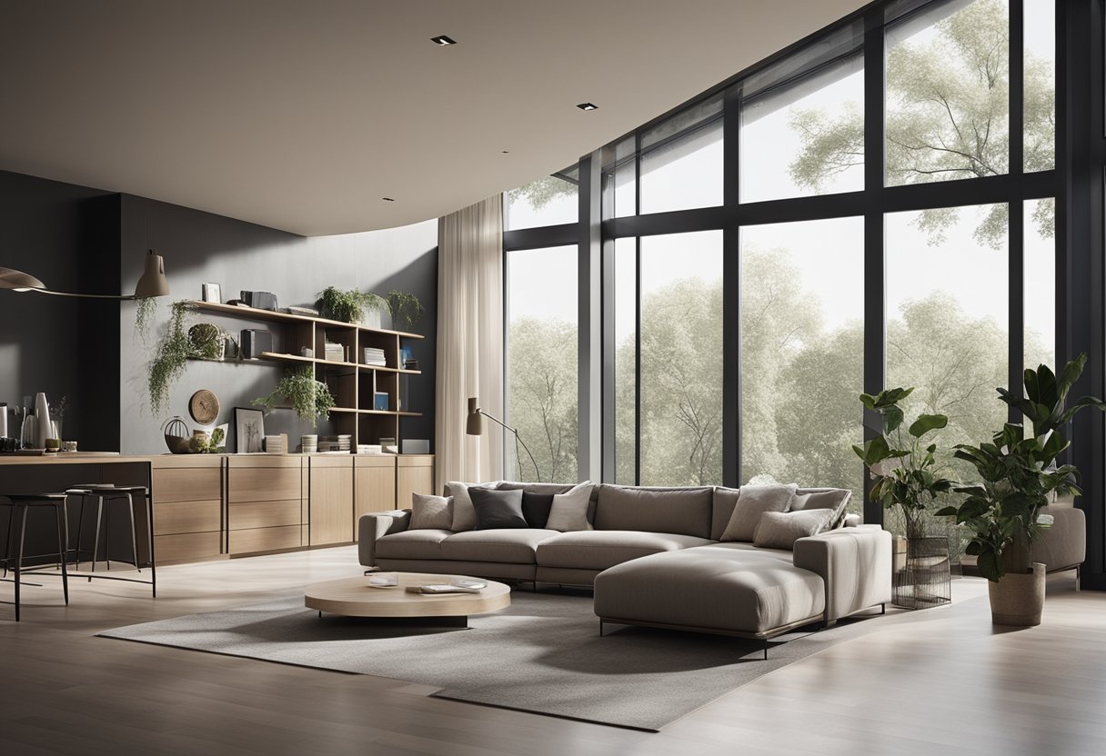 A room with modern furnishings and neutral color scheme, natural light streaming in from large windows, and minimalist decor