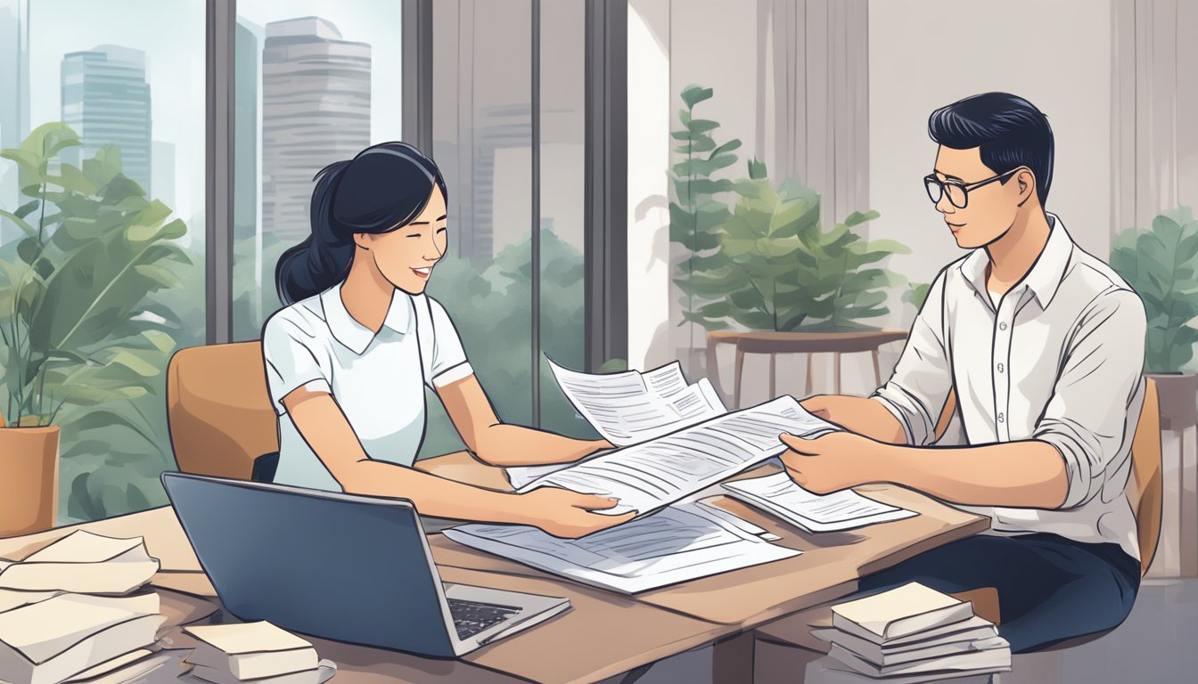 A couple discussing second property purchase in Singapore using CPF, surrounded by legal documents and financial papers