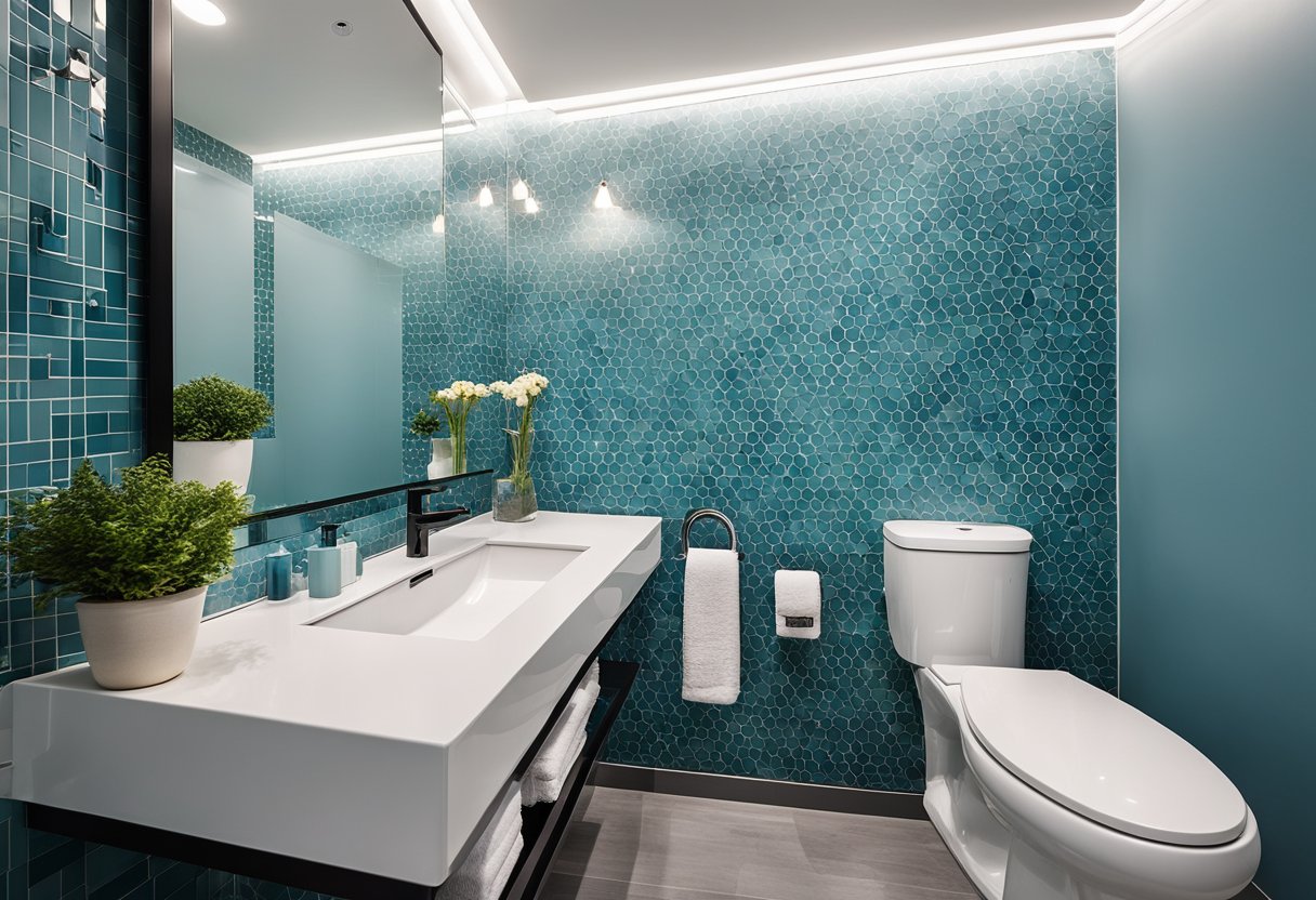 A bright, modern toilet with new fixtures and personalized decor. Walls are painted a calming blue, with a bold patterned accent wall. A sleek, white vanity and mirror complete the space