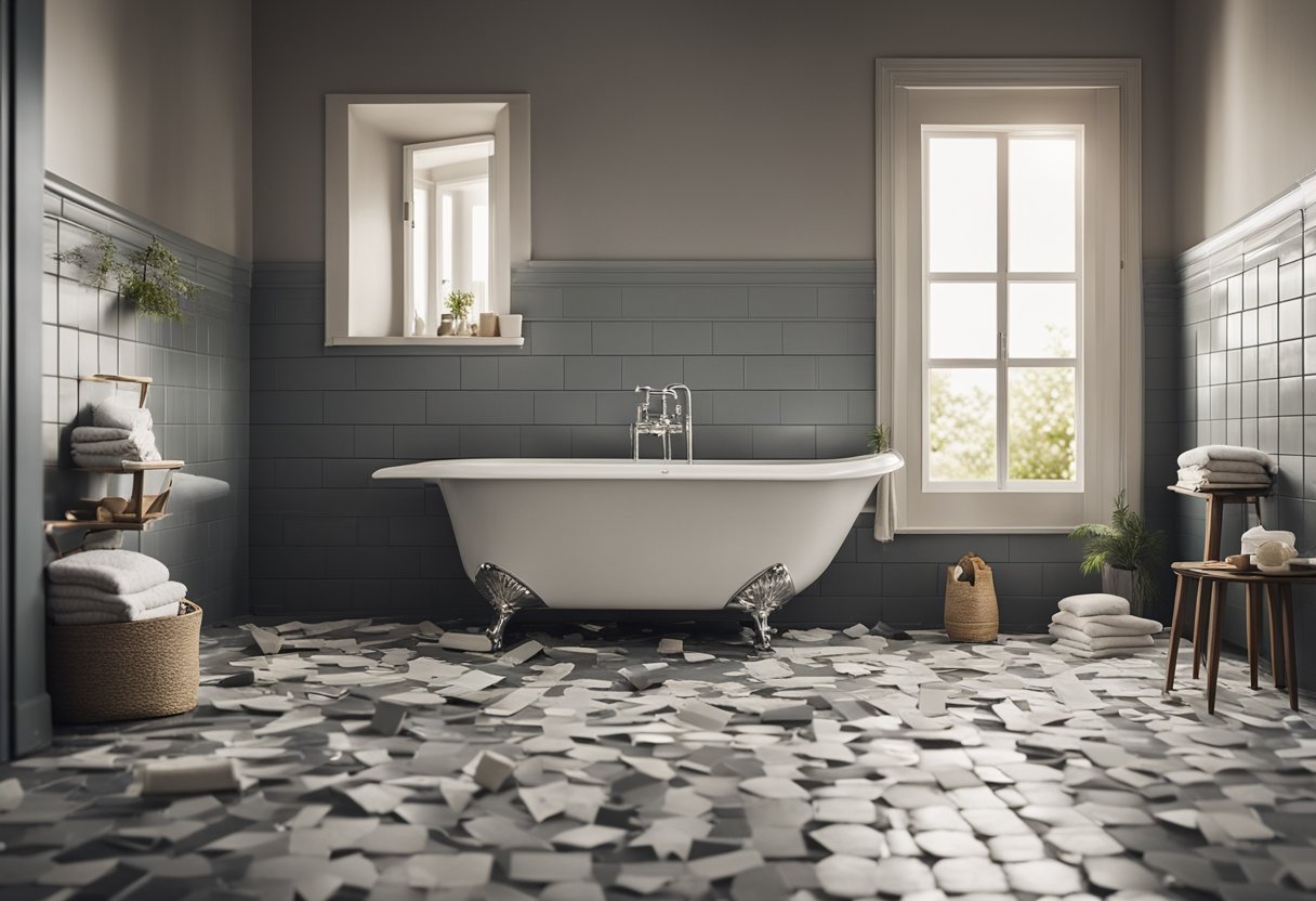 A bathroom with a torn-up floor, a new bathtub, and a stack of tiles ready for installation