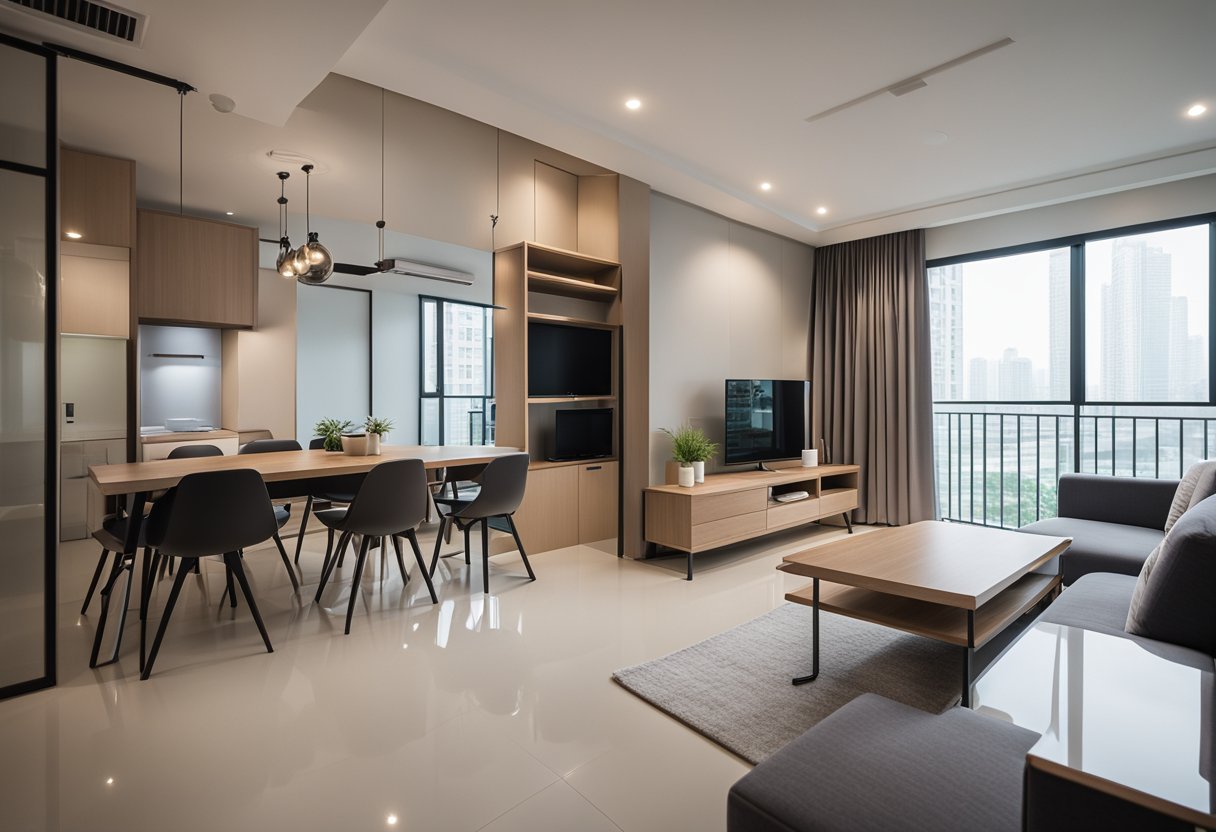 A clean, modern HDB flat with newly renovated interiors. Bright lighting, sleek furniture, and minimal clutter create a spacious and inviting atmosphere