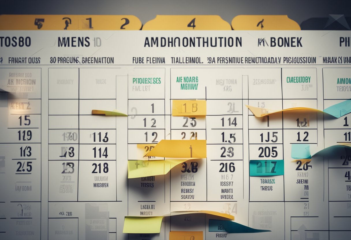 A calendar with renovation milestones marked, a clock showing progress, and a checklist of frequently asked questions