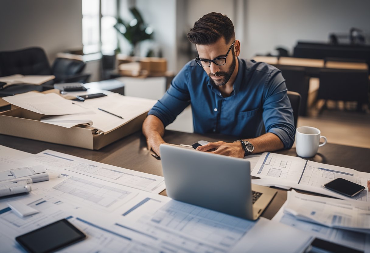 A person sits at a desk, surrounded by blueprints, a calculator, and a laptop. They are deep in thought, carefully planning and budgeting for a house renovation loan