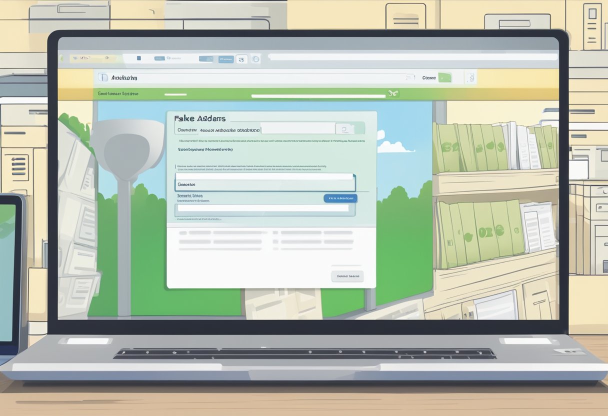 A computer screen displaying a fake address generator website with fields for name, address, and phone number. Pop-up ads for data security software in the background
