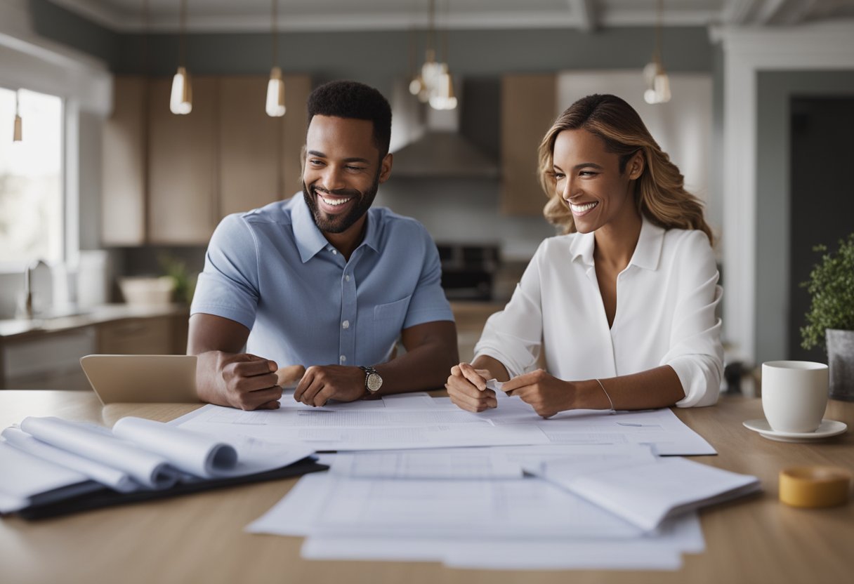 A couple signs paperwork at a table, surrounded by blueprints and renovation materials. A bank representative smiles as they finalize their renovation loan