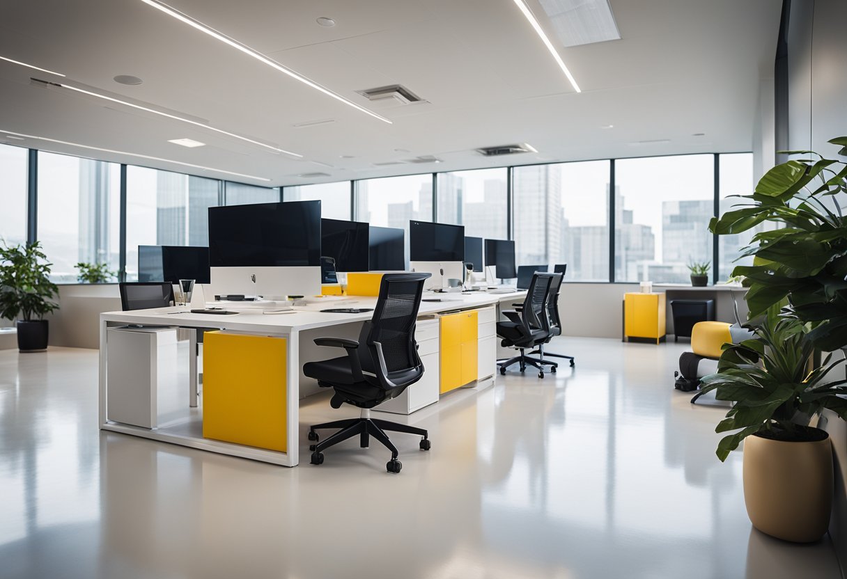 A modern, minimalist office space with sleek furniture, clean lines, and pops of vibrant color. The space is filled with natural light and features innovative design elements