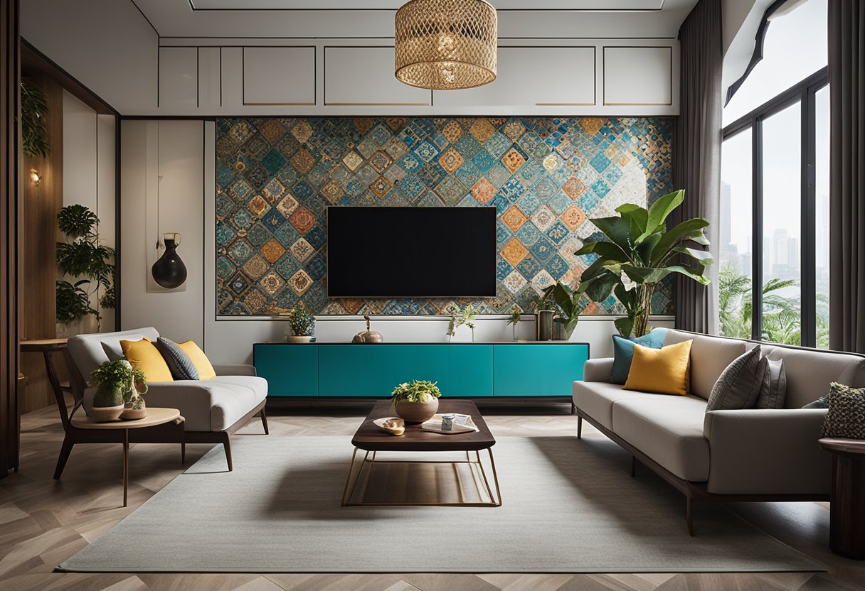A modern living room with sleek furniture, clean lines, and pops of vibrant color. A feature wall adorned with intricate traditional Peranakan tiles adds a touch of cultural heritage to the space