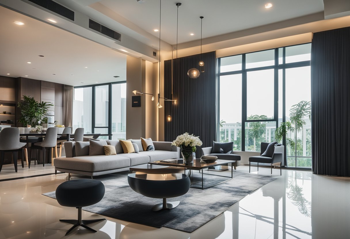 A modern living room in Johor Bahru, featuring sleek furniture, a neutral color palette, and large windows letting in natural light