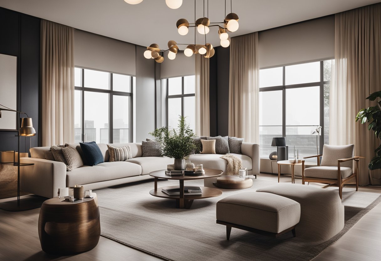 A modern, sleek interior with clean lines and luxurious furniture. A neutral color palette with pops of vibrant accents. Warm lighting creates a cozy atmosphere