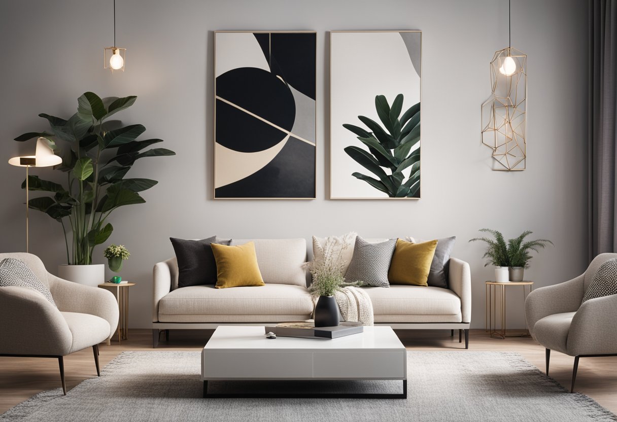 A modern living room with sleek furniture, neutral tones, and pops of color. Decor includes abstract art, plants, and geometric accents
