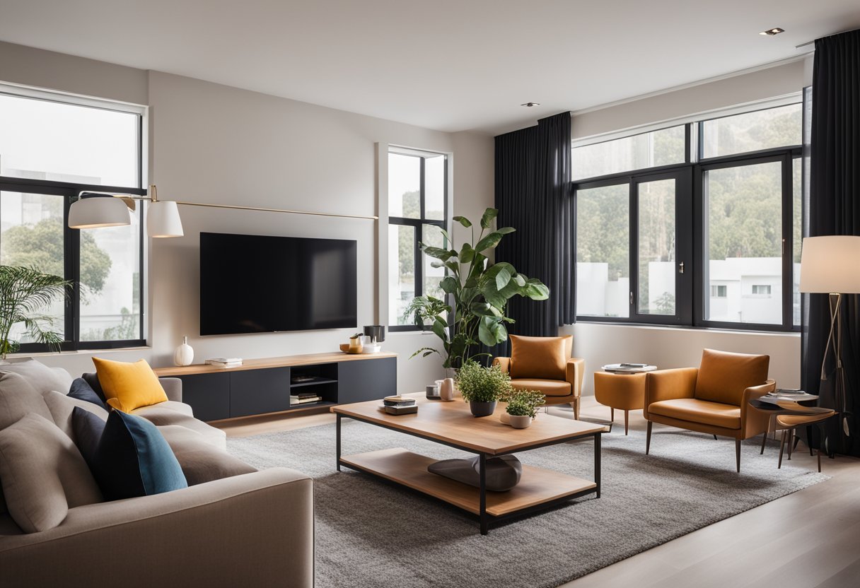 A modern living room with sleek furniture, warm lighting, and pops of vibrant color. Clean lines and a minimalist aesthetic create a sense of sophistication and comfort