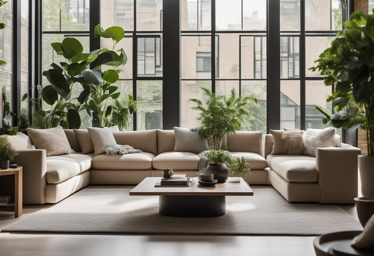 A modern living room with clean lines, neutral colors, and sleek furniture. Large windows bring in natural light, and potted plants add a touch of greenery