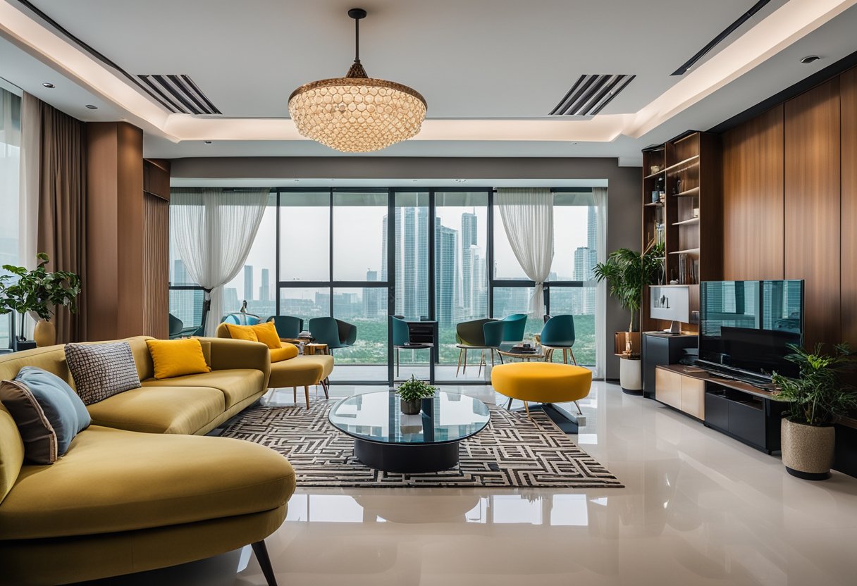 A modern, sleek interior with innovative furniture and creative decor in Johor Bahru. Bright colors and unique patterns add a sense of vibrancy to the space