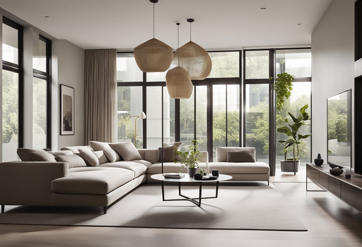 A sleek, uncluttered living room with clean lines, neutral colors, and minimal furniture. Large windows allow natural light to fill the space, creating a sense of openness and tranquility