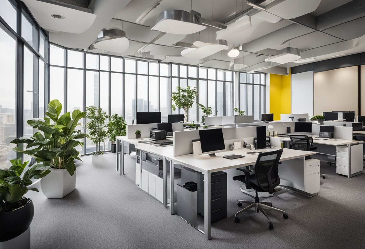 A modern office space with sleek furniture, vibrant accent colors, and plenty of natural light. The design exudes professionalism and creativity, with functional layouts and stylish decor