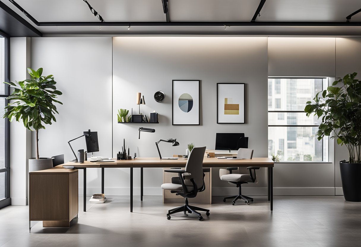 A modern, sleek office space with a wall display showcasing various interior design projects. Clean lines, neutral color palette, and stylish furniture