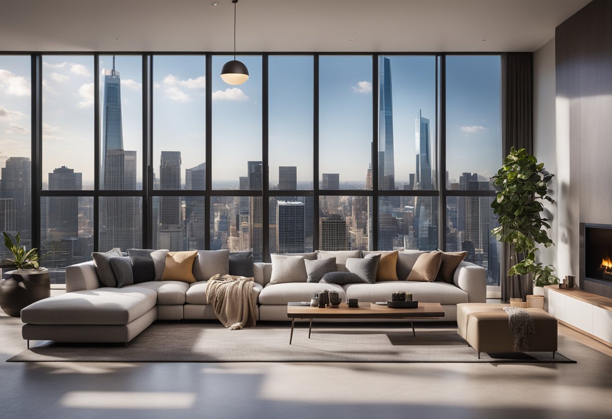 A modern living room with sleek furniture, soft lighting, and a large window overlooking a city skyline. The app interface is displayed on a tablet, showing various furniture and decor options