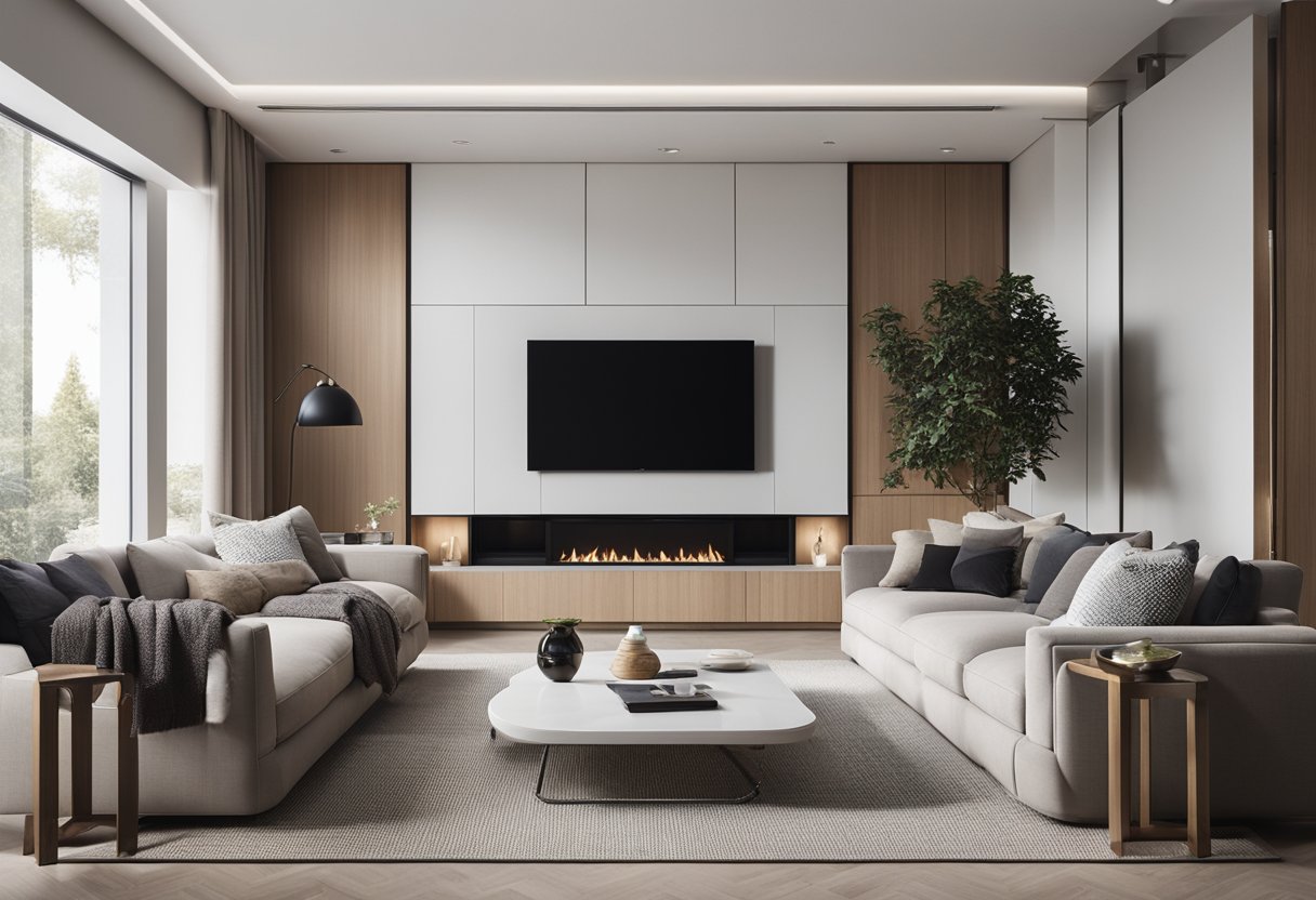 A modern living room with neutral tones, sleek furniture, and pops of color. Clean lines and minimalistic decor create a sense of space and tranquility