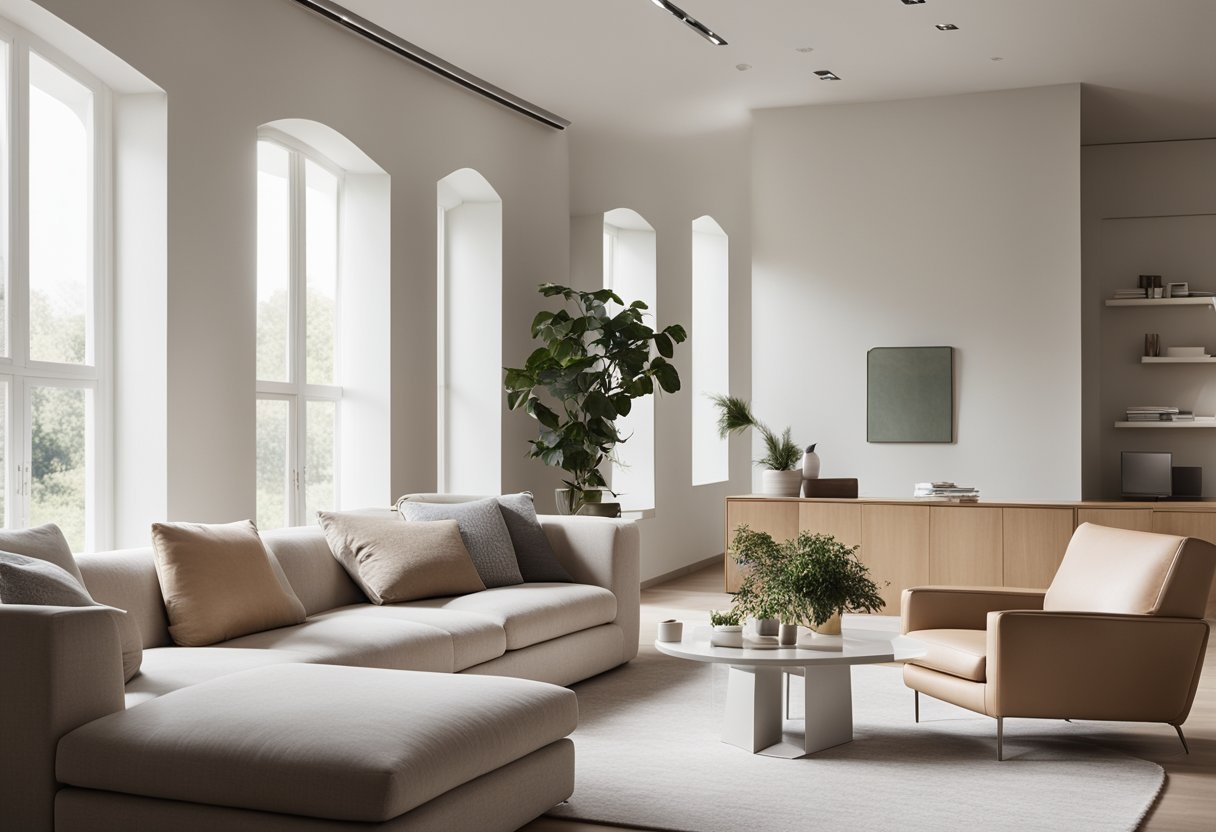 A spacious, uncluttered living room with clean lines, neutral color palette, and minimal furniture. Large windows let in natural light, and simple, geometric shapes create a sense of calm and simplicity