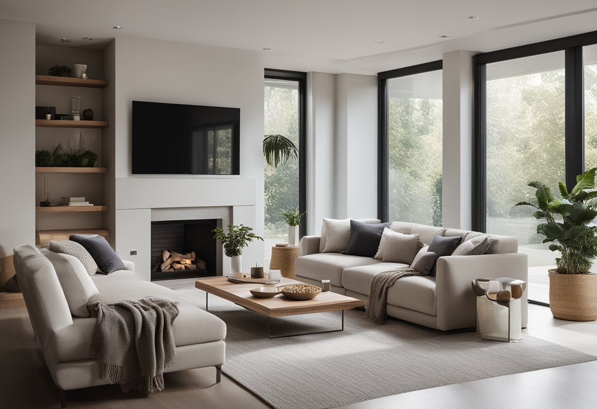 The interior of a modern, minimalist living room with sleek furniture, neutral colors, and large windows letting in natural light
