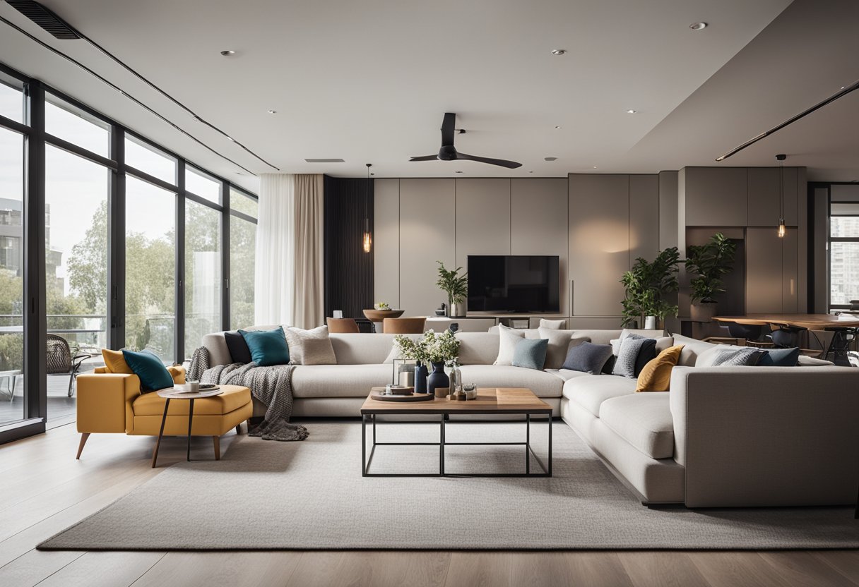A modern, sleek interior with clean lines, neutral colors, and pops of vibrant accents. The space is filled with natural light and features contemporary furniture and stylish decor