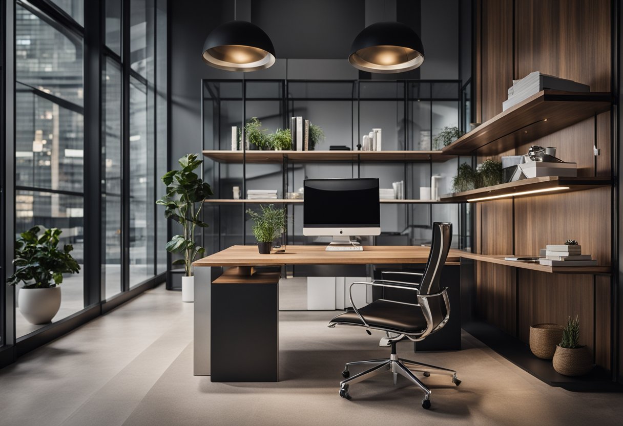 A sleek, modern workspace with clean lines and high-quality materials. A mix of wood, glass, and metal creates a sophisticated and professional atmosphere