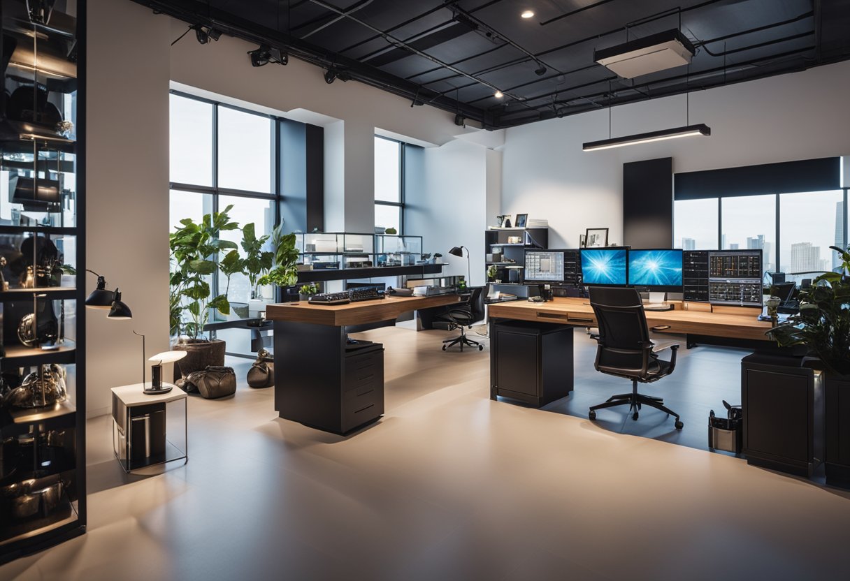 A modern, sleek design studio with clean lines, vibrant colors, and innovative furniture. A wall adorned with awards and accolades, showcasing the studio's success