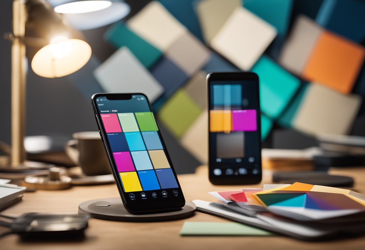 A smartphone with the interior design app open, surrounded by a variety of colorful swatches, fabric samples, and paint chips. A desk lamp illuminates the workspace