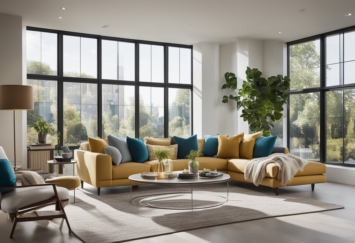 A spacious, modern living room with sleek furniture and pops of color. Large windows bring in natural light, creating a bright and airy atmosphere