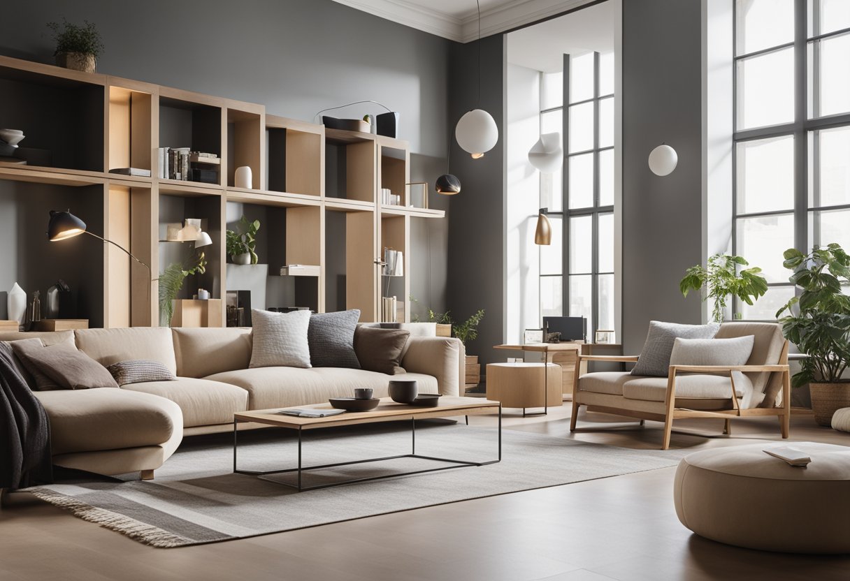 A spacious room with clean lines, neutral colors, and uncluttered surfaces. Simple furniture, natural light, and geometric shapes create a serene atmosphere