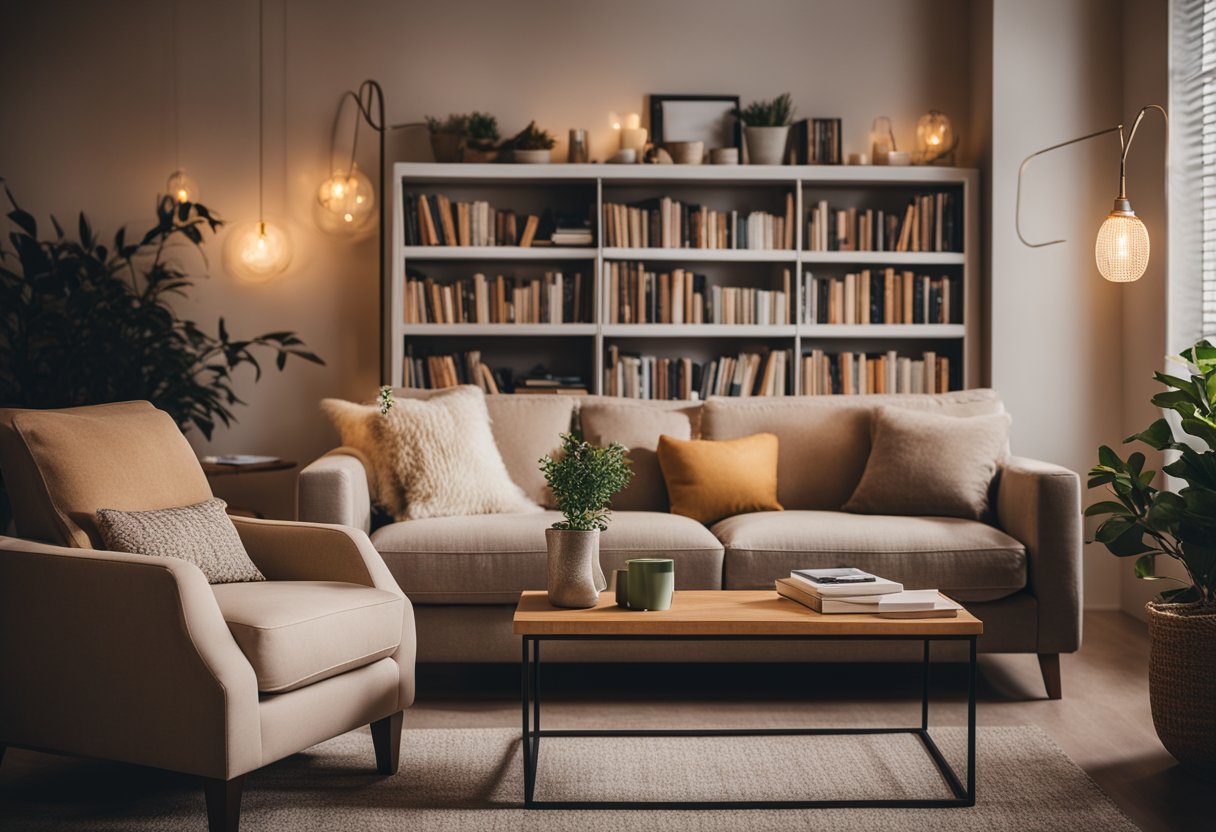 A cozy living room with warm lighting, plush furniture, and soothing colors. A bookshelf filled with favorite reads and a cozy nook for relaxation