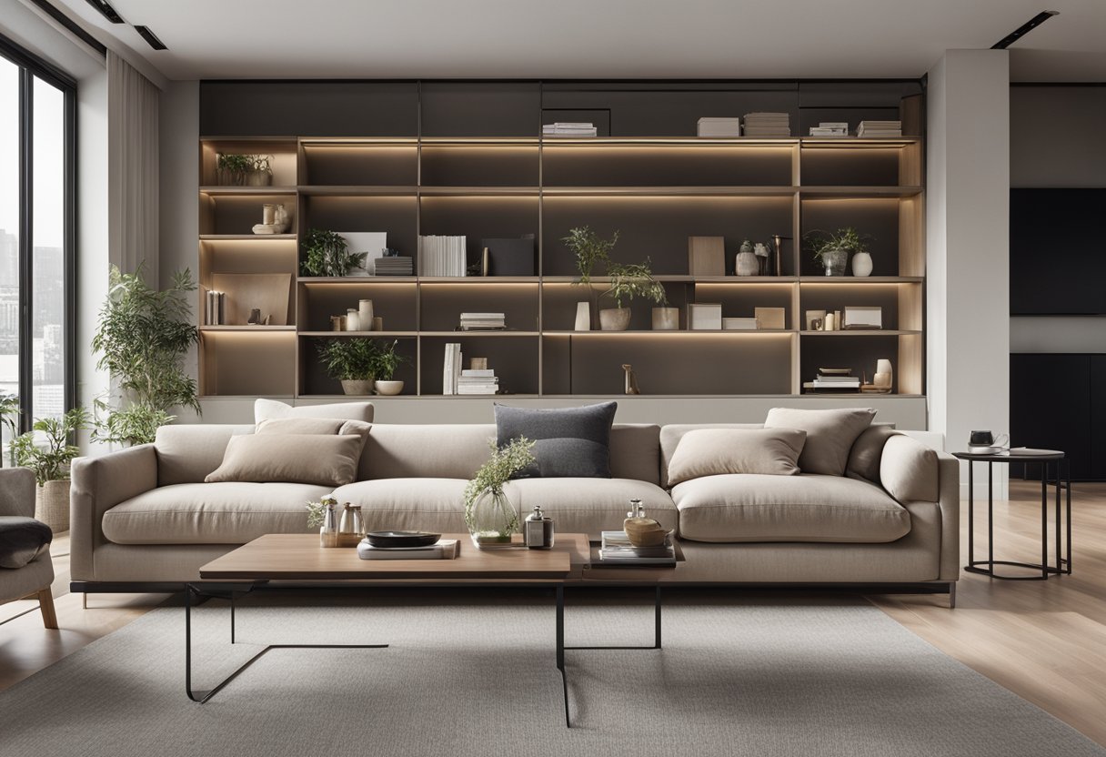 A spacious living room with clean lines, neutral colors, and minimal furniture. Open shelves showcase curated decor, while hidden storage keeps clutter out of sight