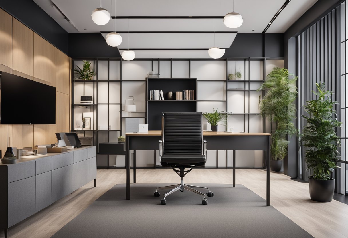 A modern office with sleek furniture, a reception area with a friendly staff member, and a wall display showcasing the firm's impressive design portfolio