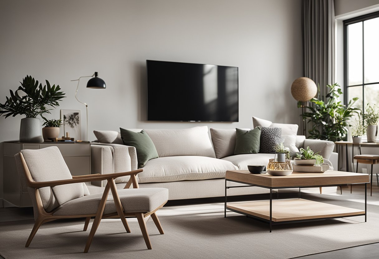 A spacious, uncluttered living room with clean lines, neutral colors, and a few carefully chosen pieces of furniture and decor